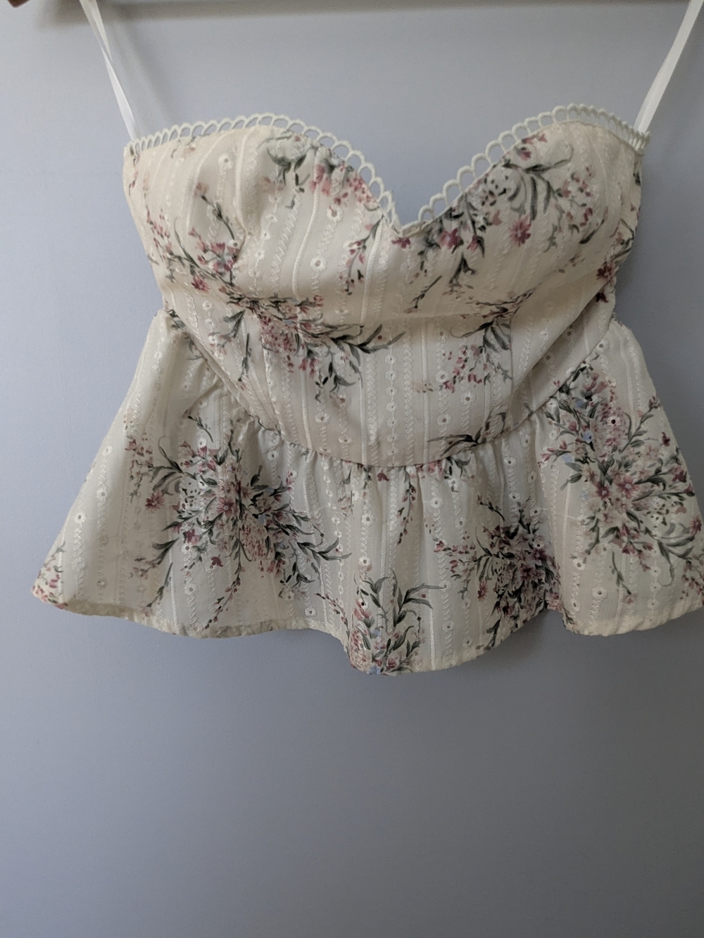 Floral Eyelet Peplum Cami Top — Cream with Pink Blooms